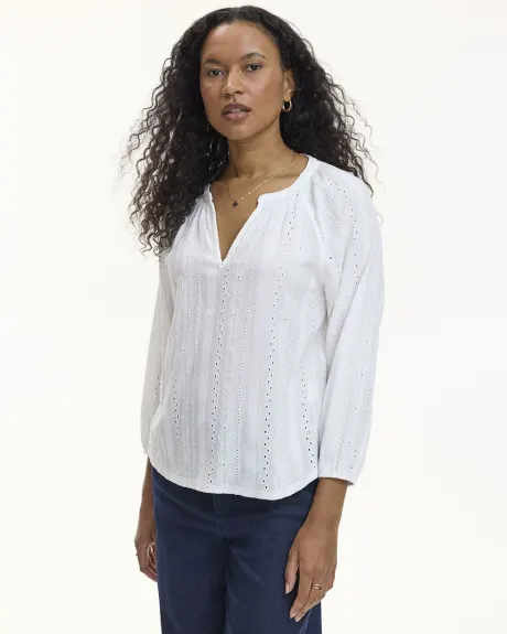 3/4-Sleeve Eyelet Knit Blouse with Split neckline