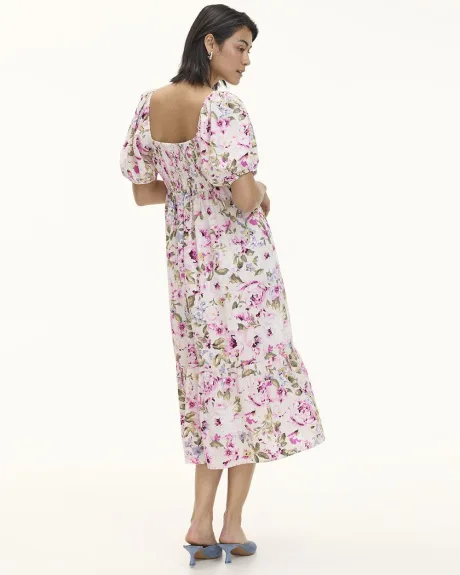 Short-Puffy-Sleeve Tiered Midi Dress with Sweetheart Neckline