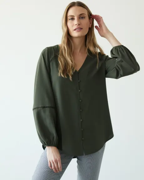 Long-Sleeve V-Neck Tunic with Fagoting Tape