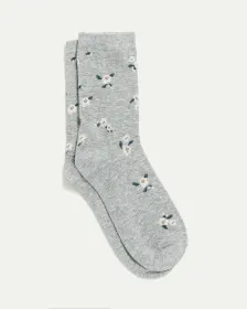 Cotton Anklet Socks with White Flowers