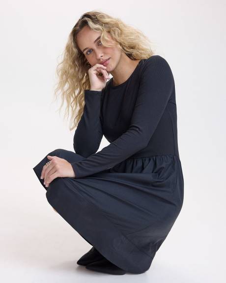 Long-Sleeve Mix-Media Dress with Crew Neckline