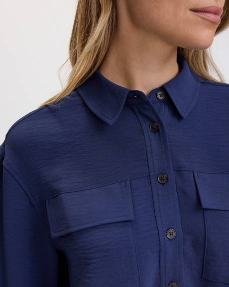 Long-Sleeve Shirt-Collar Blouse with Utility Pockets