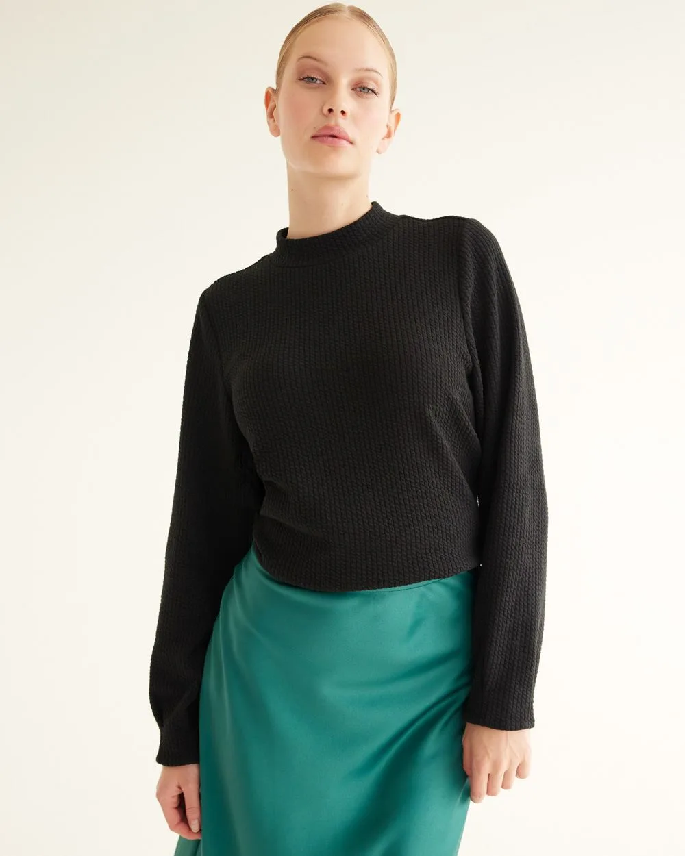 Long-Puffy-Sleeve Mock-Neck Top