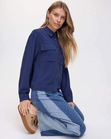 Long-Sleeve Shirt-Collar Blouse with Utility Pockets