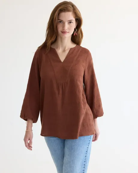 Long-Sleeve Textured Blouse with Split Neckline