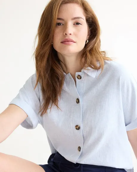 Short-Sleeve Buttoned-Down Linen-Blend Blouse