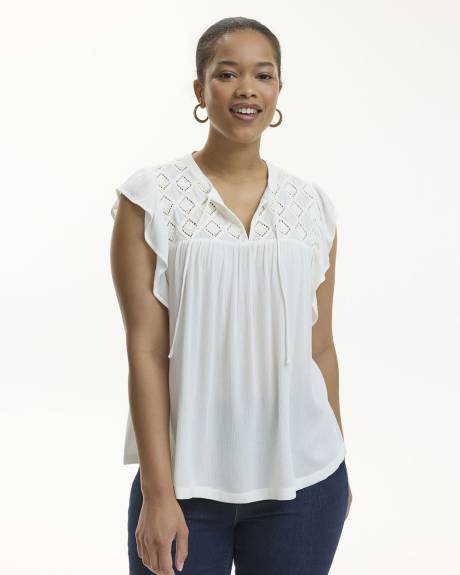 Short-Flutter-Sleeve Split-Neck Crochet Top