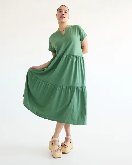 Short-Sleeve Tiered Midi Dress with Split Neckline