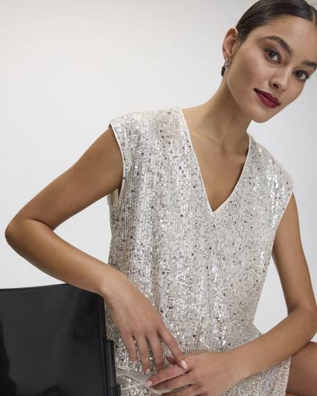 Extended-Sleeve V-Neck Sequins Top