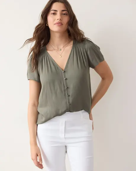 V-Neck Buttoned-Down Blouse with Short Flutter Sleeves