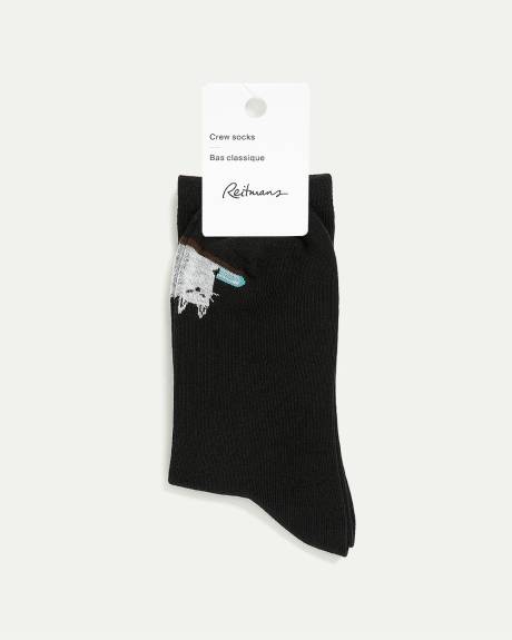 Cotton Crew Socks with Cat on Shelf