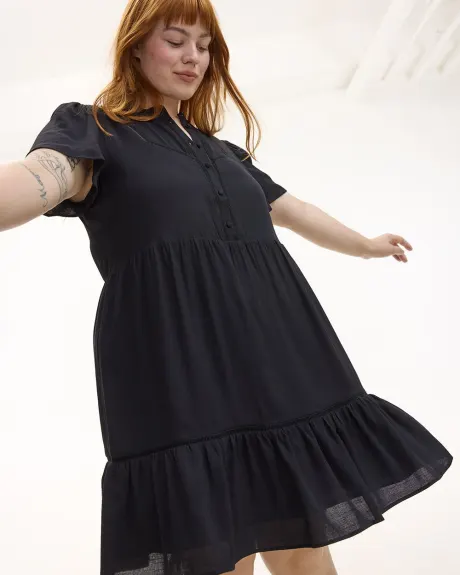 Short-Sleeve Crew-Neck Swing Dress with Fagoted Details