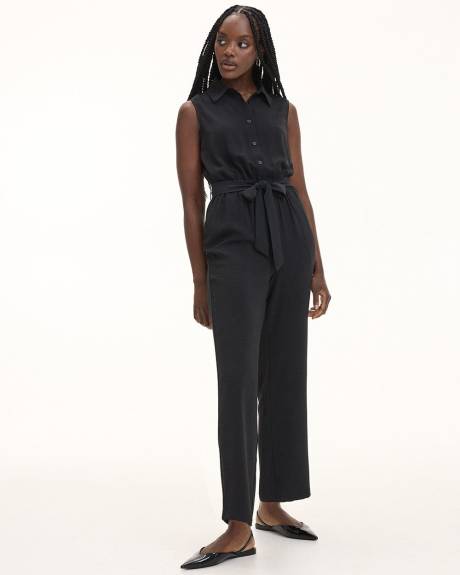 Straight-Leg Sleeveless Jumpsuit with Shirt Collar