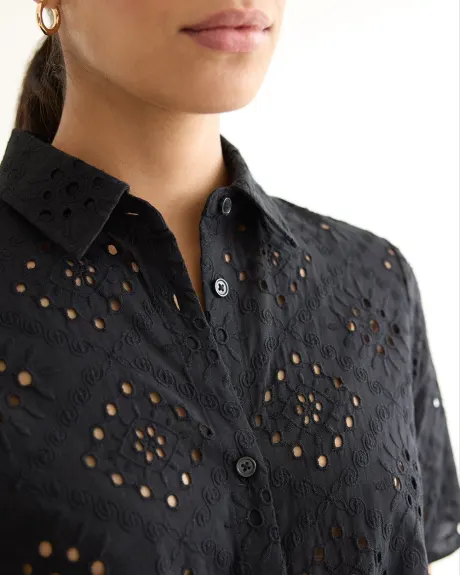 Short-Sleeve Eyelet Blouse with Shirt Collar