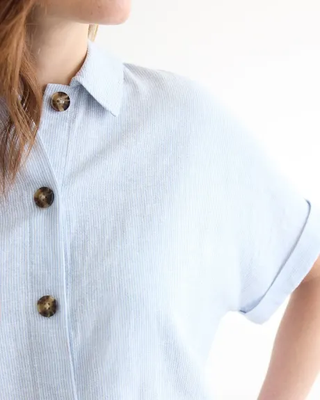 Short-Sleeve Buttoned-Down Linen-Blend Blouse