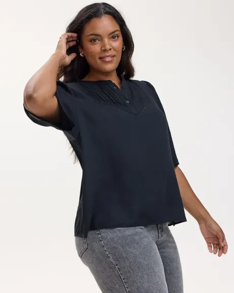 Short-Sleeve Loose Blouse with Pintuck and Fagoted Details