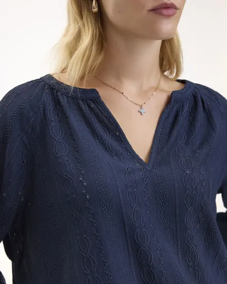 3/4-Sleeve Eyelet Knit Blouse with Split neckline