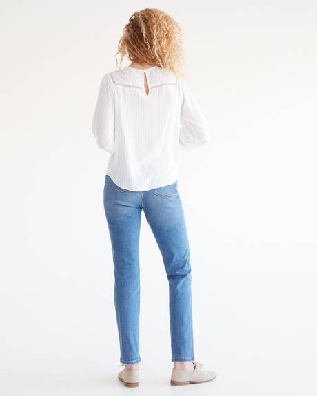 Long-Sleeve Embroidered Blouse with Crew Neckline