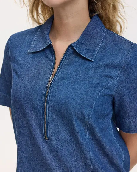 Short-Sleeve Denim Dress with Shirt Collar