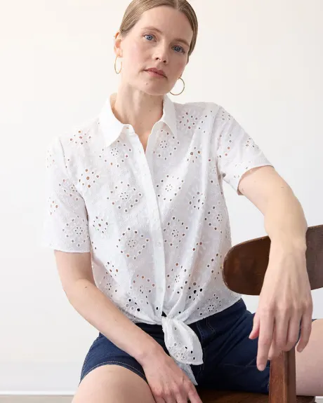 Short-Sleeve Eyelet Blouse with Shirt Collar