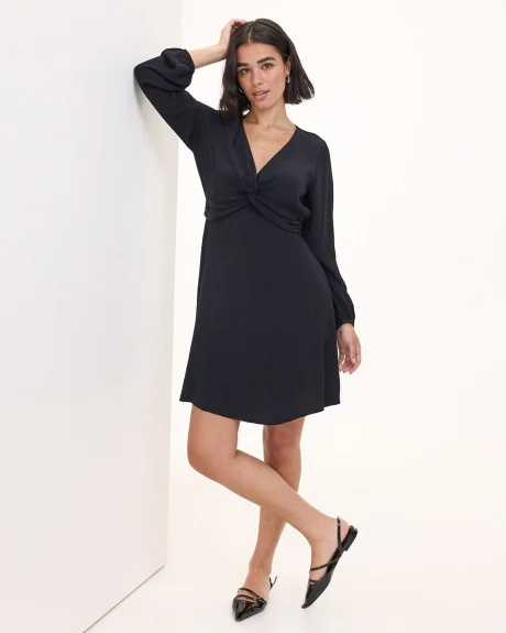 Long-Sleeve V-Neck Dress with Twisted Detail