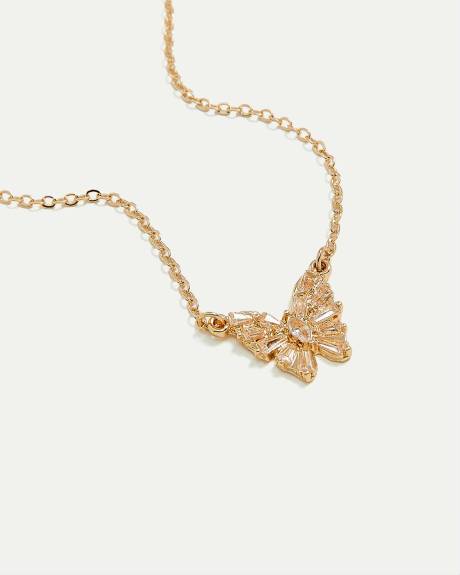 Short Necklace with Stone-Encrusted Butterfly Pendant