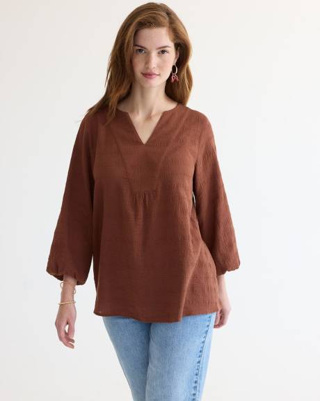 Long-Sleeve Textured Blouse with Split Neckline