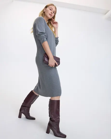 Long-Sleeve V-Neck Midi Sweater Dress