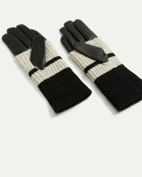 Leather Gloves with Striped Knit Fold-Over