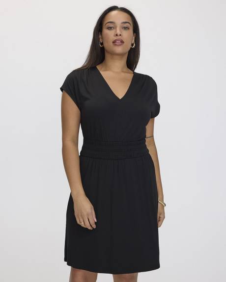 Short-Sleeve V-Neck Dress with Elastic Waistband