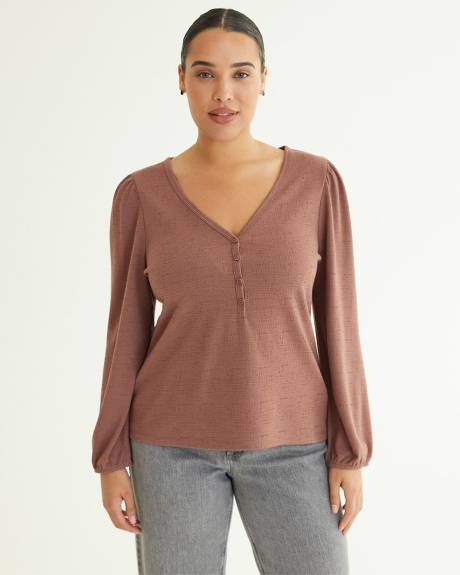 Long-Sleeve V-Neck Top with Buttoned Placket