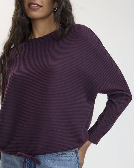 Long-Sleeve Boat-Neck Ribbed Sweater with Drawstring