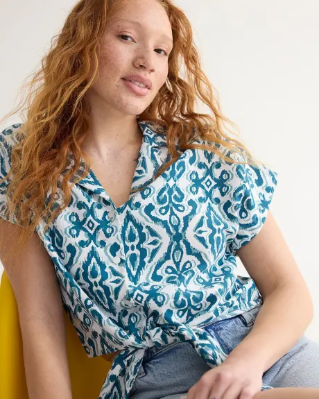 Short-Sleeve Buttoned-Down Blouse with Self-Tie at Waist