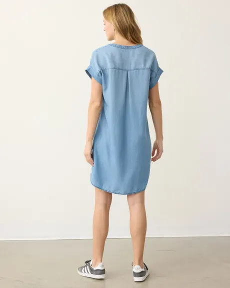 Short-Sleeve Shift Tencel Dress with Split Neckline