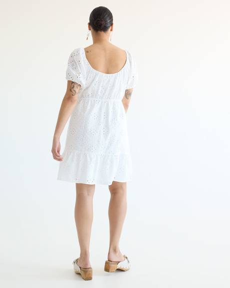 Short-Puffy-Sleeve Eyelet Dress with Scoop Neckline