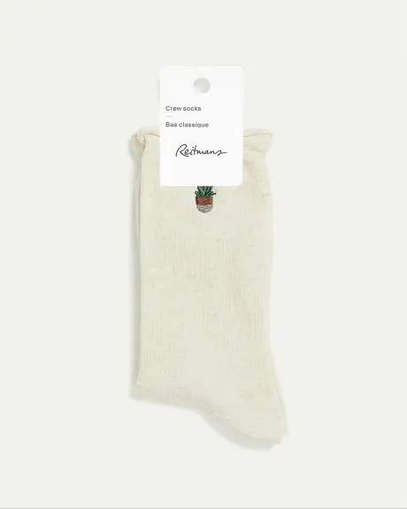 Cotton Crew Socks with Succulent