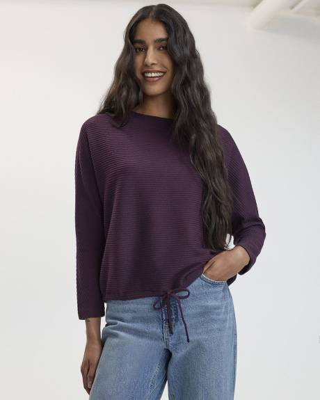 Long-Sleeve Boat-Neck Ribbed Sweater with Drawstring