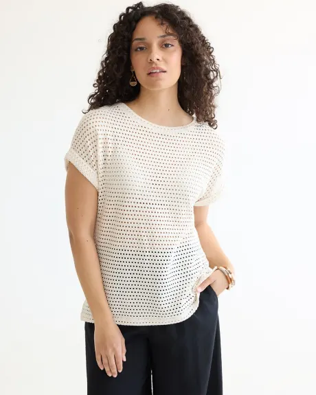 Extended-Sleeve Boat-Neck Mesh Top