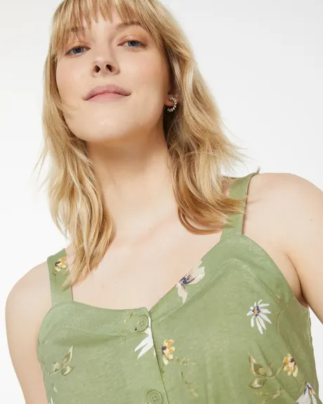 Cotton-Linen Blend Printed Tank with Front Tie