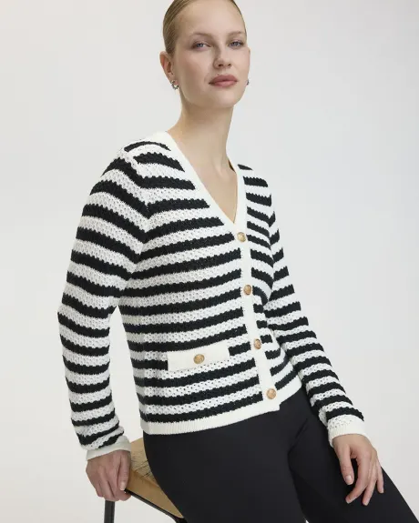 Long-Sleeve V-Neck Buttoned-Down Striped Cardigan