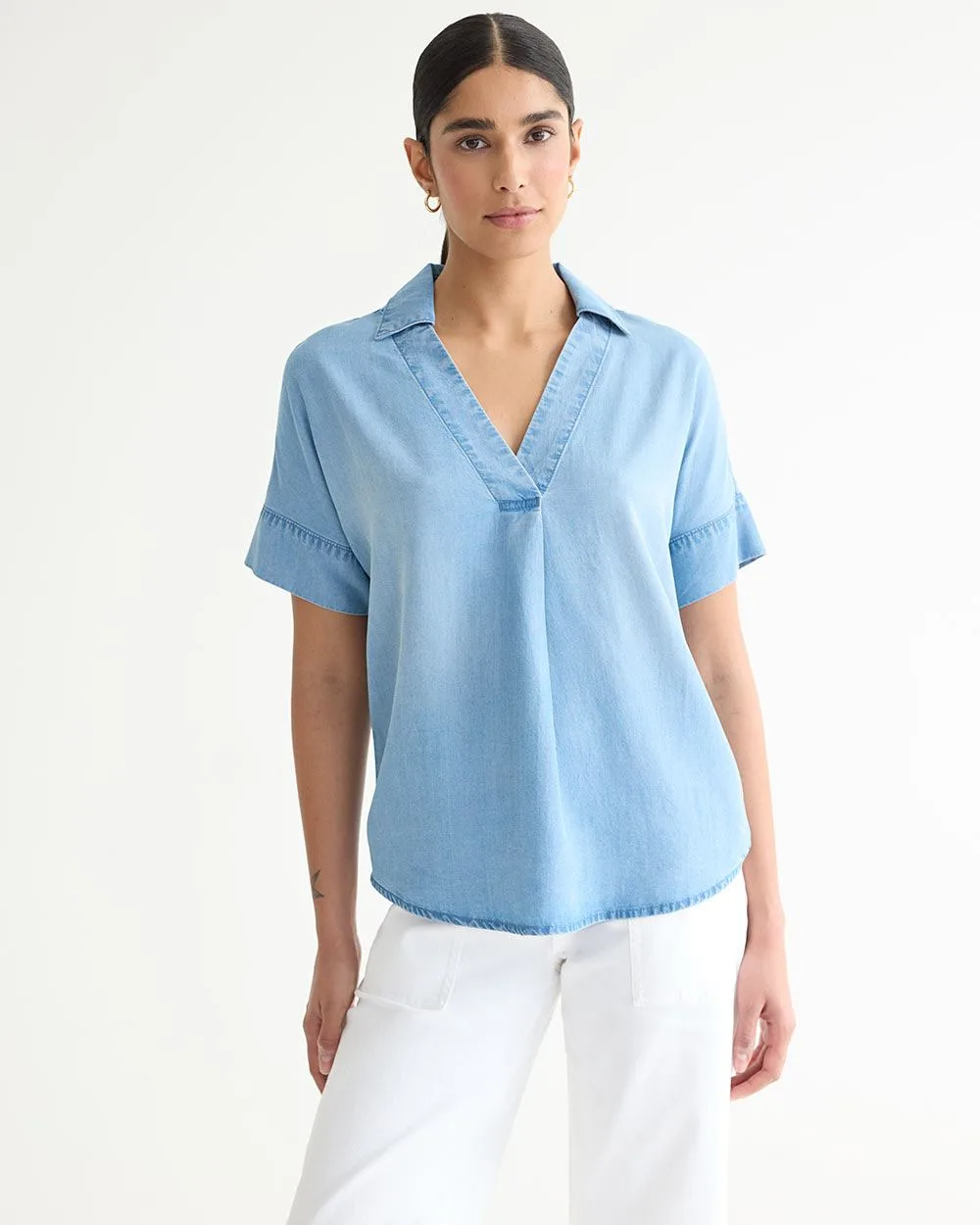 Short-Sleeve Tencel Blouse with Shirt Collar