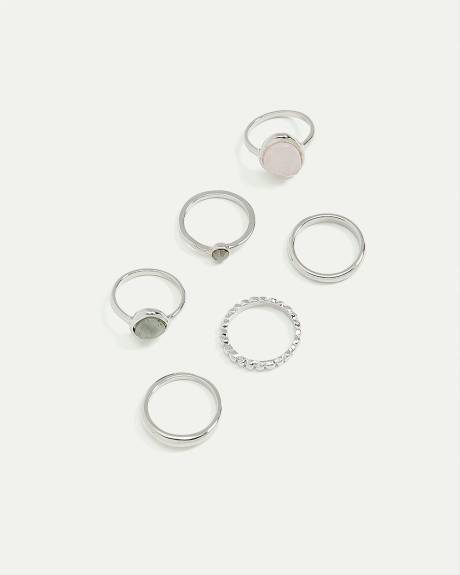 Textured Rings with Stones, Set of 6