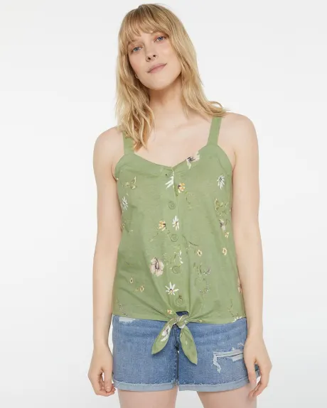 Camisole en mélange de coton et lin imprimée nouée à l'avant