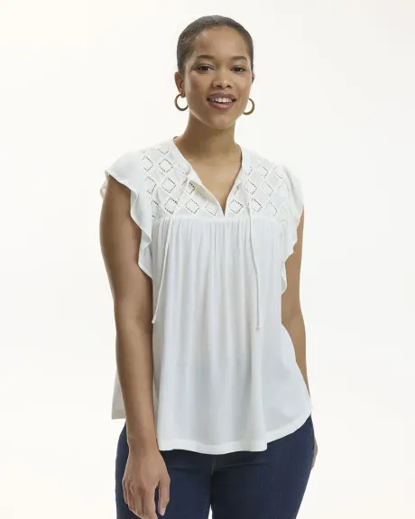 Short-Flutter-Sleeve Split-Neck Crochet Top