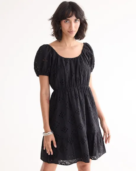 Short-Puffy-Sleeve Eyelet Dress with Scoop Neckline