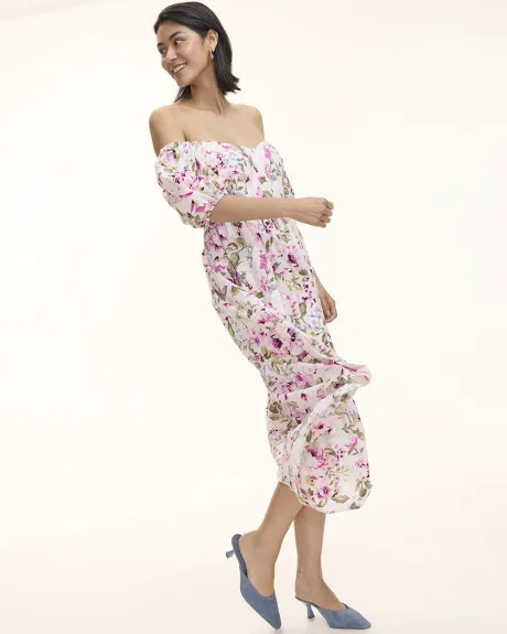 Short-Puffy-Sleeve Tiered Midi Dress with Sweetheart Neckline