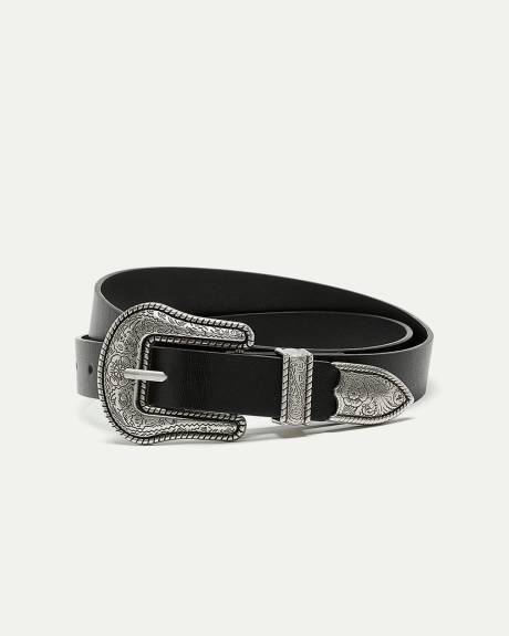 Faux Leather Belt with Western Buckle