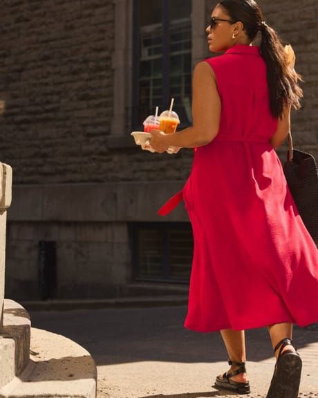 Sleeveless Buttoned-Down Midi Dress with Shirt Collar