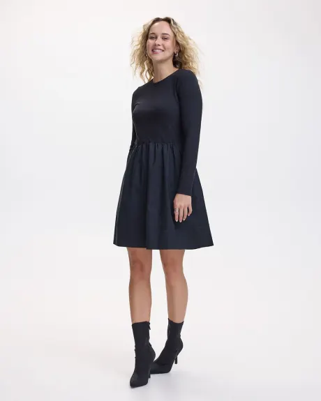 Long-Sleeve Mix-Media Dress with Crew Neckline