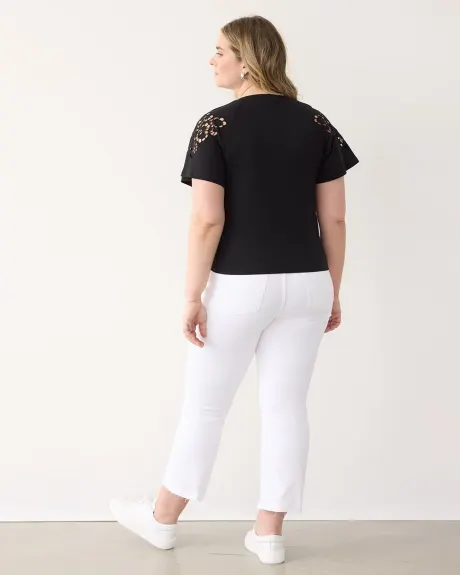 Short-Sleeve Eyelet Top with Crew Neckline